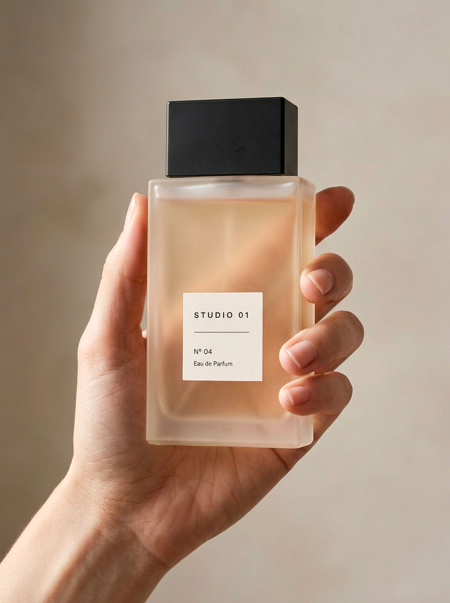 AI-generated close-up of a hand holding the frosted glass STUDIO 01 fragrance bottle against a warm neutral background