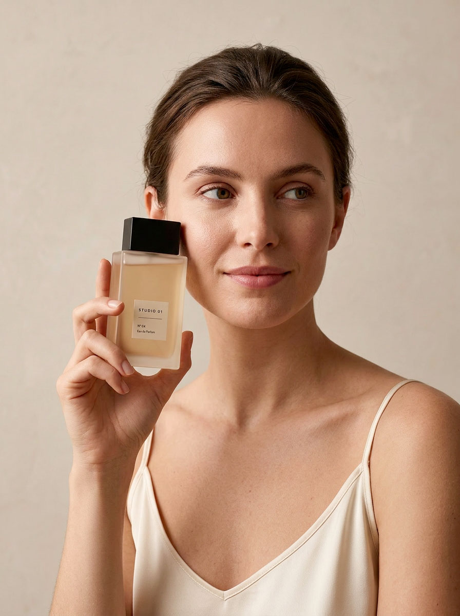 AI-generated editorial beauty portrait — model holding a rectangular STUDIO 01 fragrance bottle near her face, soft natural light