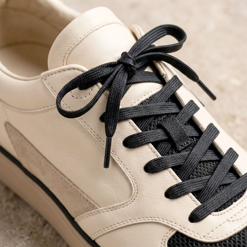 AI-generated macro craft detail of the sneaker lacing, eyelets and nappa leather grain