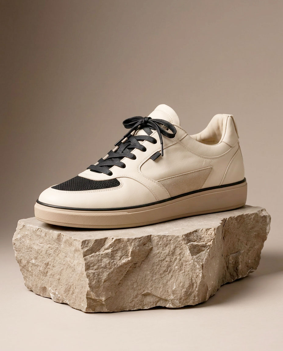 AI-generated hero product shot of a cream and black sneaker on a raw limestone pedestal