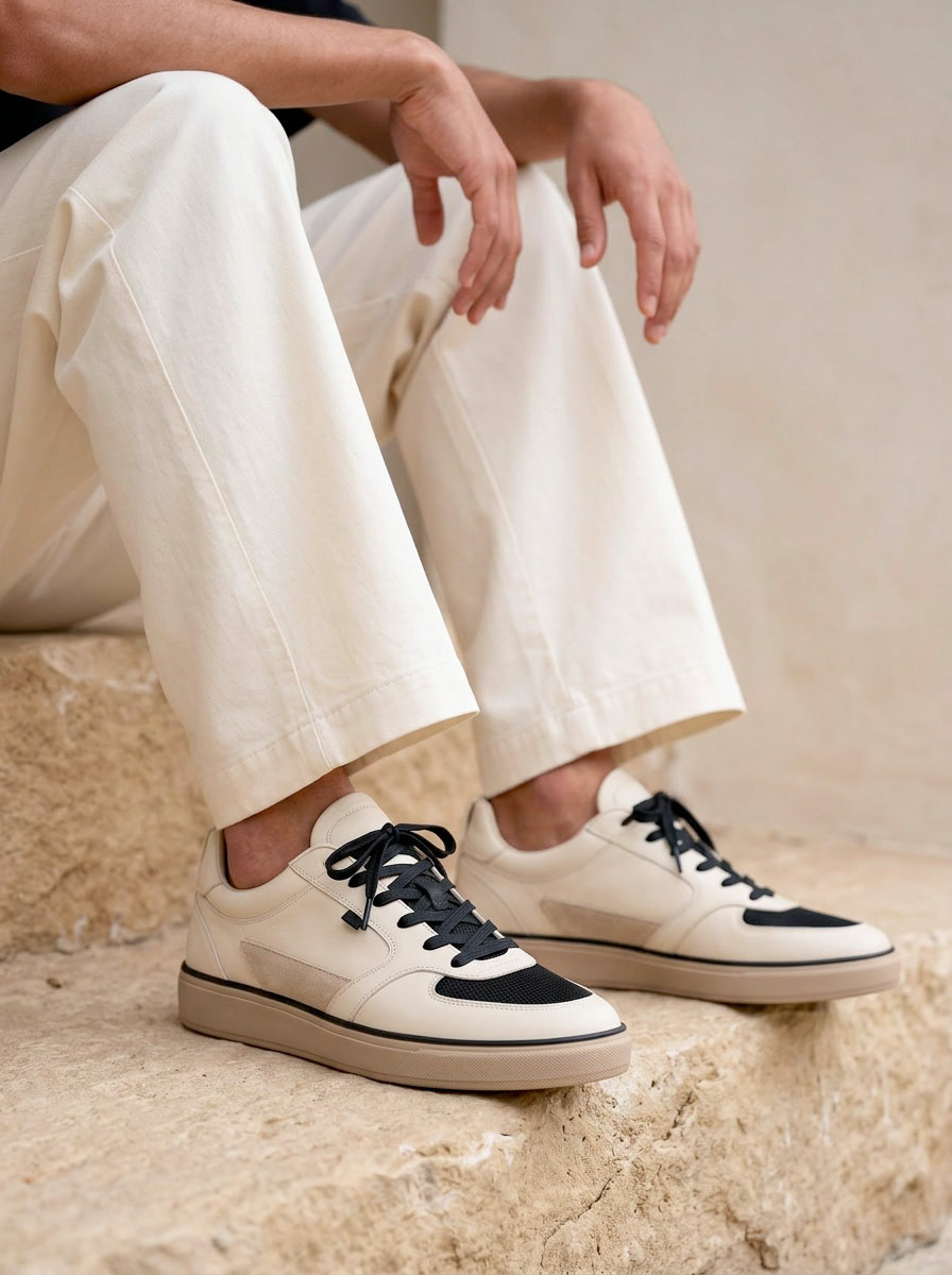 AI-generated lifestyle waist-down shot with model seated on natural stone wearing wide-leg cream trousers and the sneaker