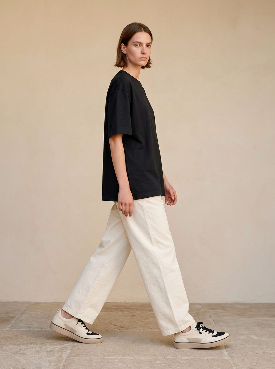 AI-generated full body walking editorial campaign shot — model wearing the cream and black sneaker against a limewashed beige wall